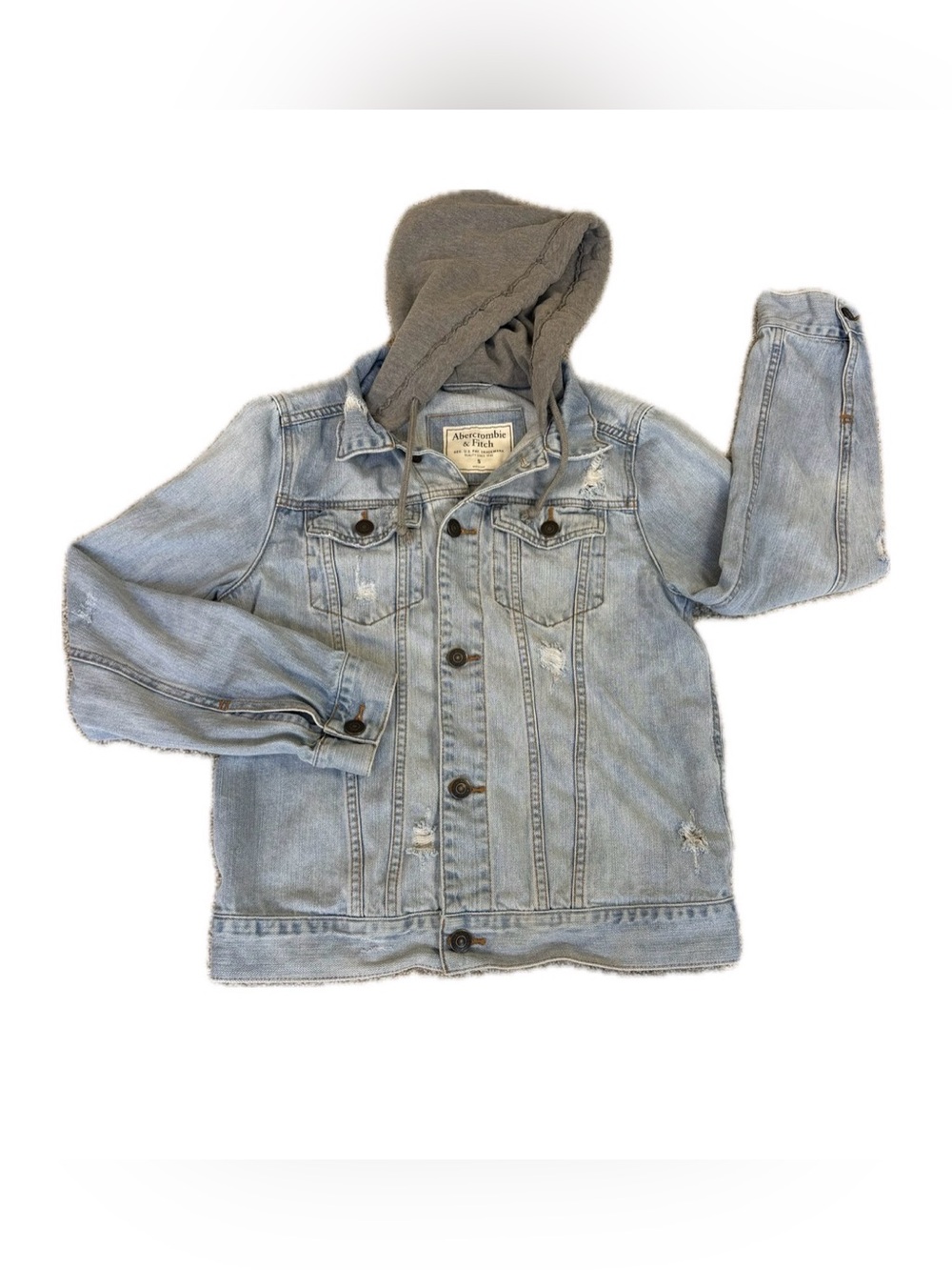 A&F Abercrombie&Fitch Men Denim Hoodie Jacket Buttons Distressed Blue Small
